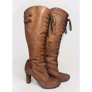 Sam Edelman Whiskey Waxed Brown Knee Leather Boots 8M Patina Lace Up